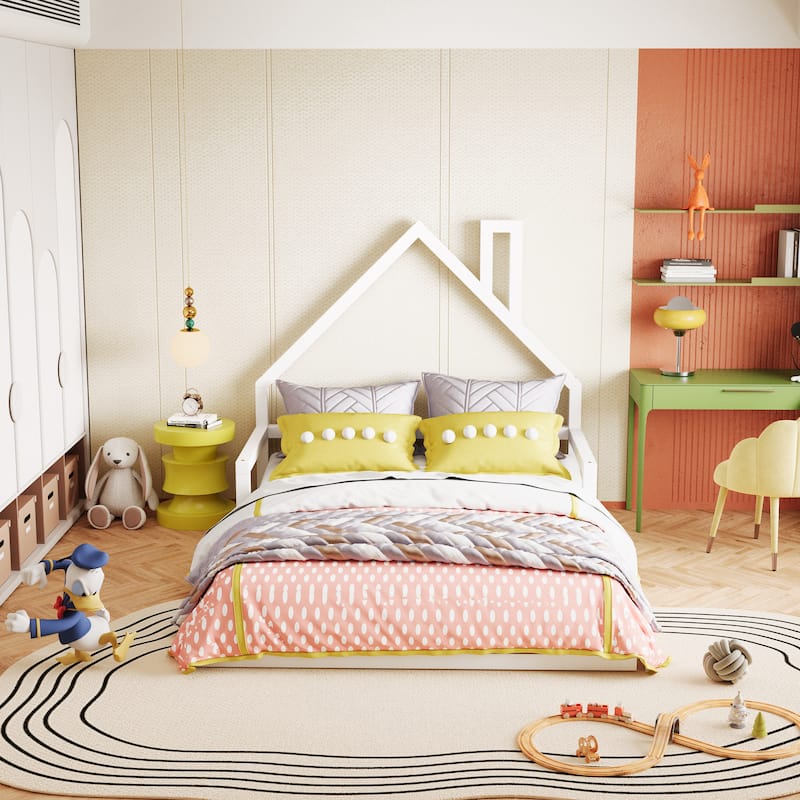 Full Size Wood Floor Bed with House-shaped Headboard - White