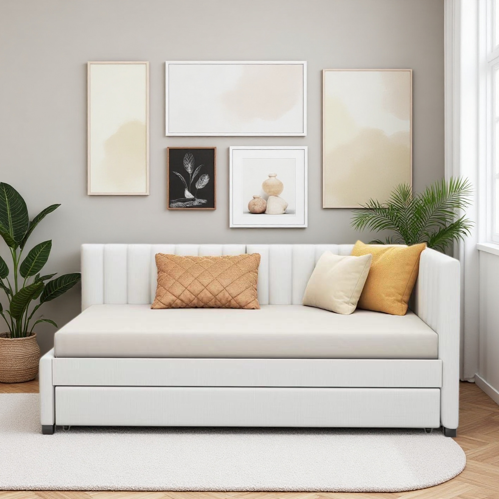 Twin Size Upholstered Daybed with Trundle and No Box Spring Needed