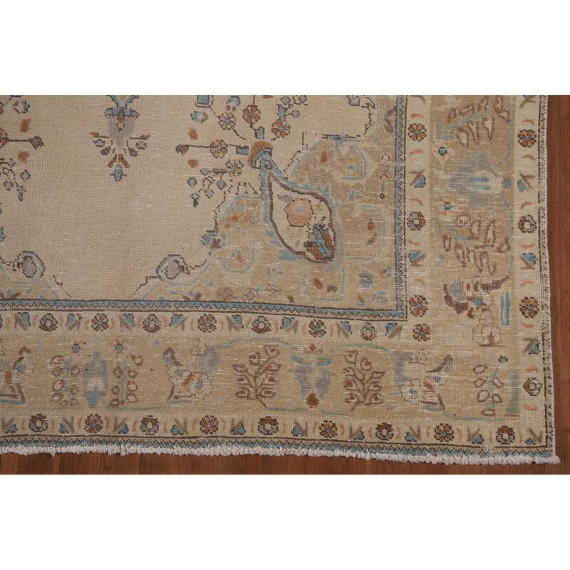 Vintage Geometric Distressed Tabriz Persian Rug Handmade Wool Carpet - 6'3" x 9'9"