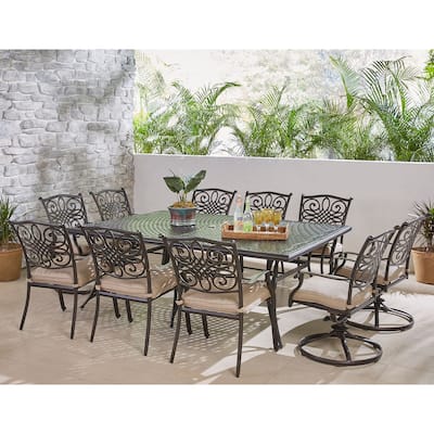 Hanover Traditions 11-Piece Dining Set in Tan with Four Swivel Rockers, Six Dining Chairs, and an Extra-Long Dining Table