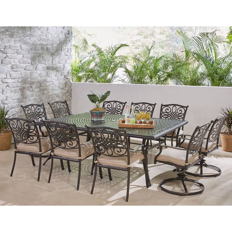 Hanover Traditions 11-Piece Dining Set in Tan with Four Swivel Rockers, Six Dining Chairs, and an Extra-Long Dining Table