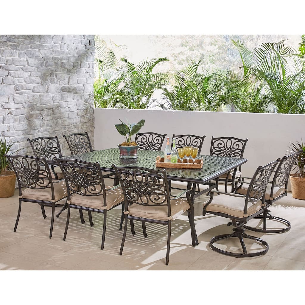 Hanover Traditions 11-Piece Dining Set in Tan with Four Swivel Rockers, Six Dining Chairs, and an Extra-Long Dining Table