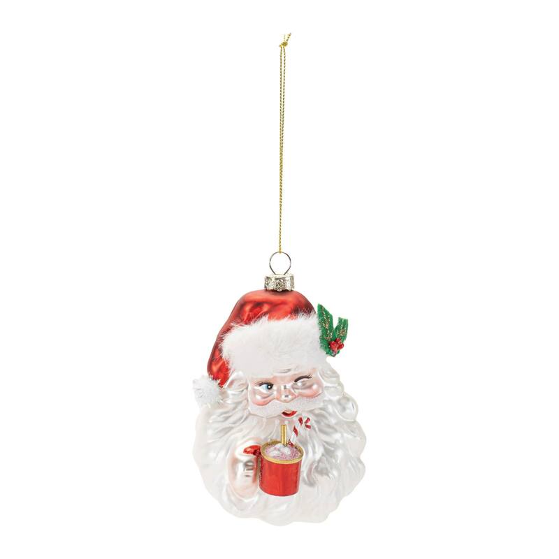 Santa with Hot Cocoa Glass Christmas Ornaments - 5" - White and Red - 6ct