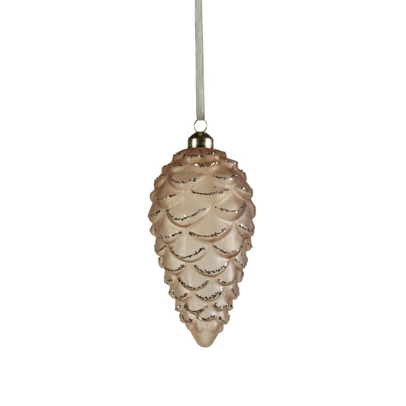 Frosted Glass Pine Cone Ornaments w/ Glitter Trim, Set of 6 - Beige