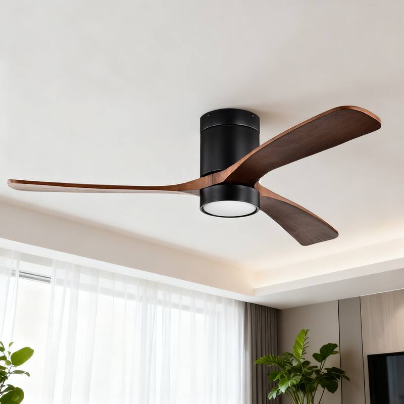 Matte Black 52 in. Indoor Flush Mount Ceiling Fan with 3 Solid Wood Blades (Dark Walnut), 6-Speed Remote Control 3CCT LED Light - Matte Black - Remote