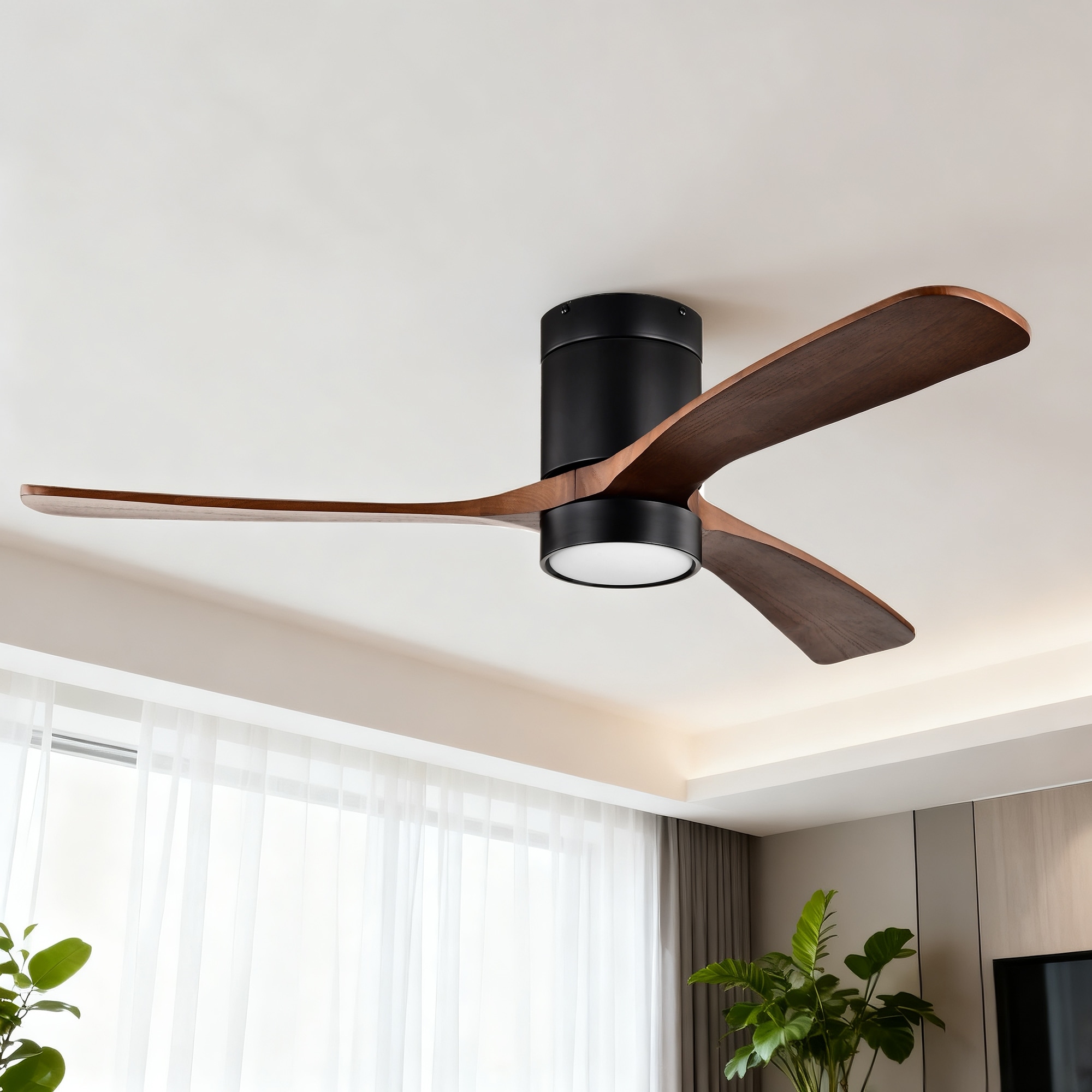 Matte Black 52 in. Indoor Flush Mount Ceiling Fan with 3 Solid Wood Blades (Dark Walnut), 6-Speed Remote Control 3CCT LED Light