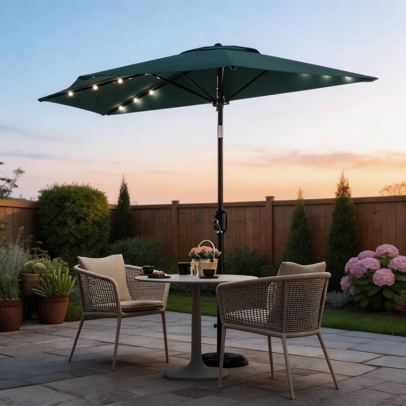 9ft Outdoor Patio Half Umbrella, with Solar LED Lights and Smooth Crank Lift