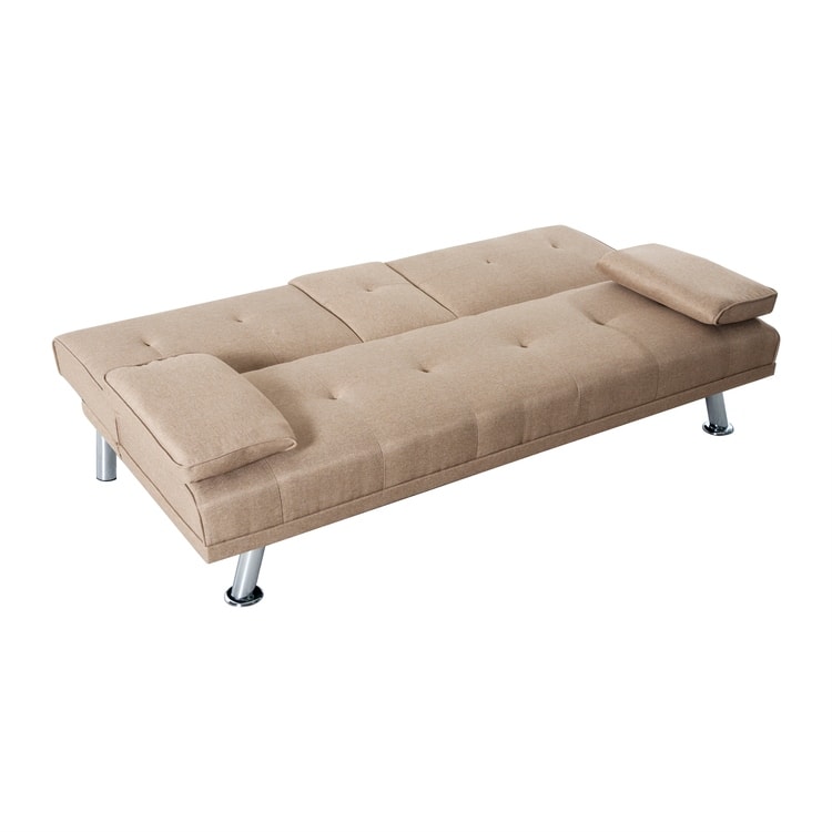 Convertible Futon Sofa Bed with Armrests & Cupholders - Faux Leather Reclining Couch for Small Spaces