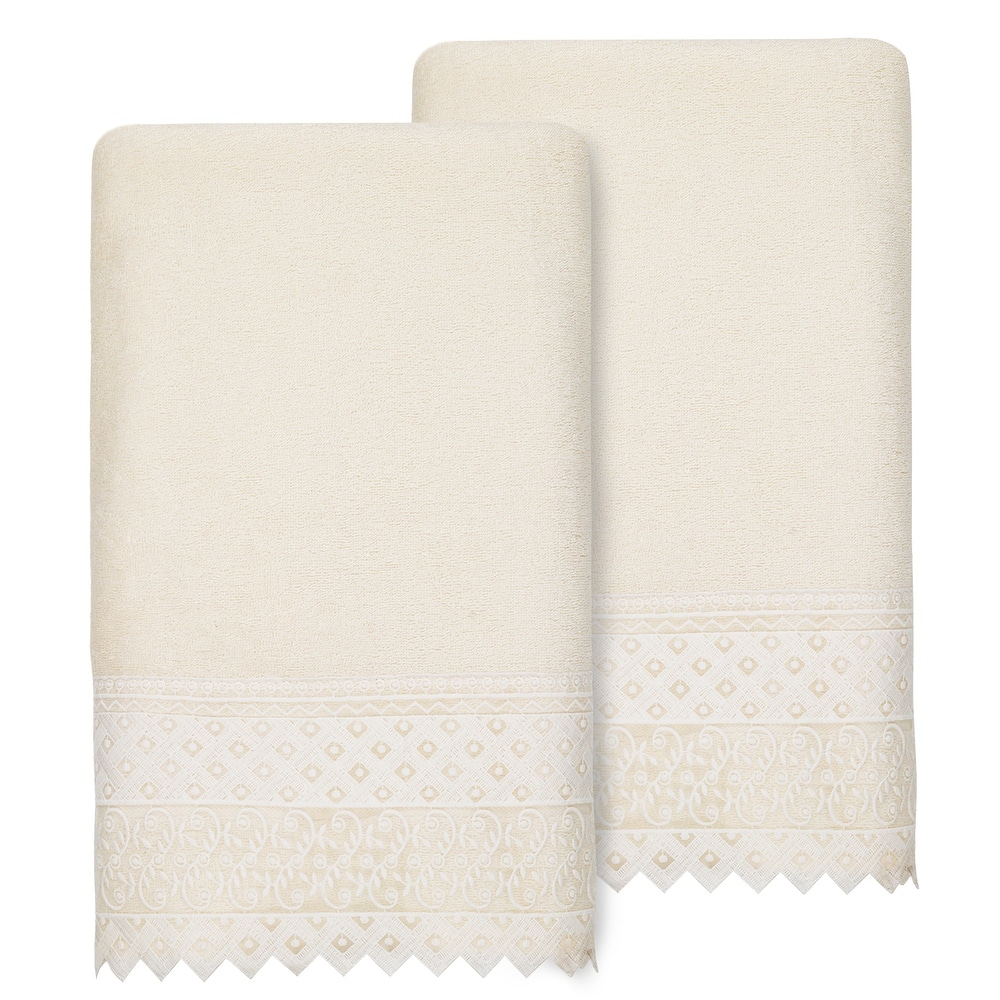 Authentic Hotel and Spa Turkish Cotton Aiden 2PC White Lace Embellished Bath Towel Set