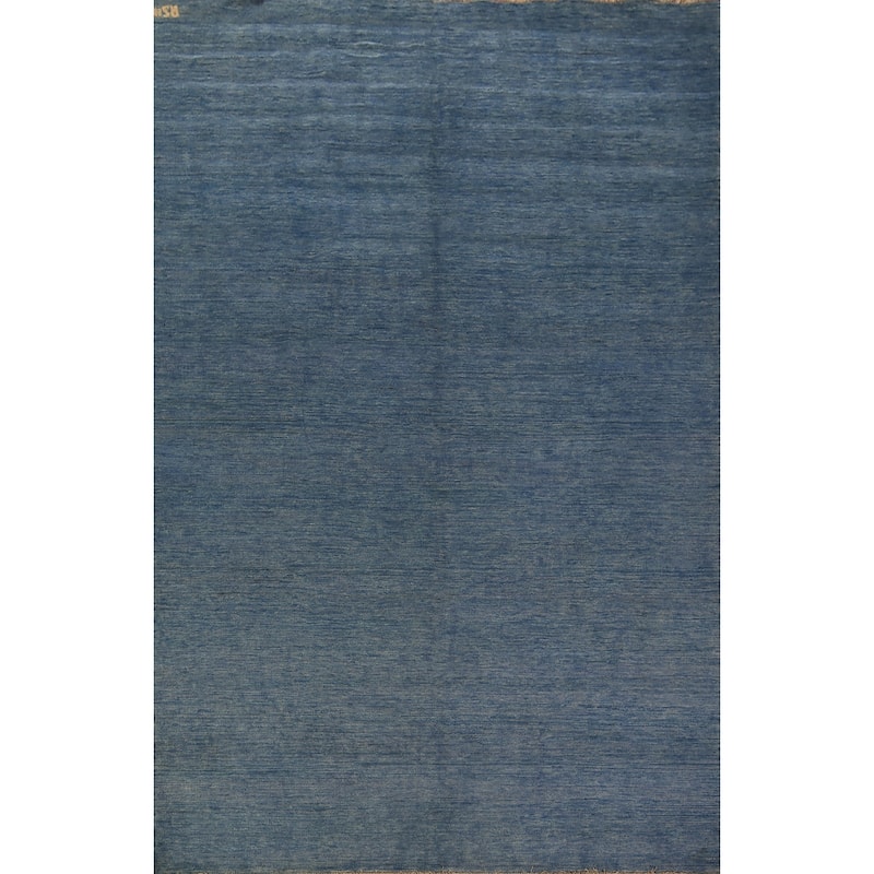 Modern Gabbeh Area Rug Hand-Knotted Oriental Blue Wool Carpet - 6'7" x 9'10"