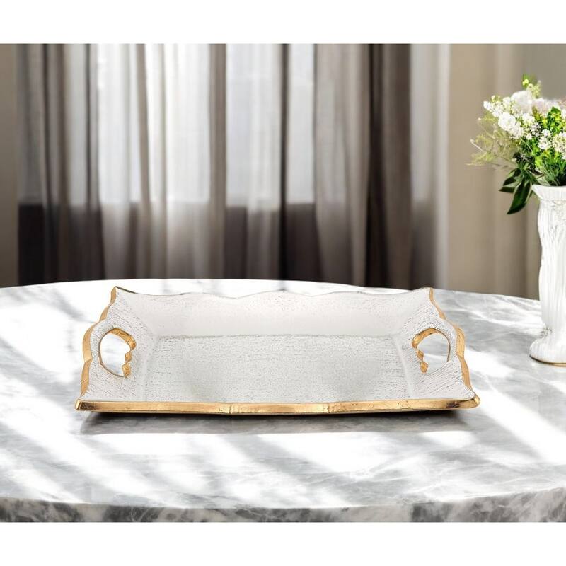 HomeRoots 11" Clear And Gold Seeded Glass Serving Tray With Handles - 7" W x 11" D x 2" H