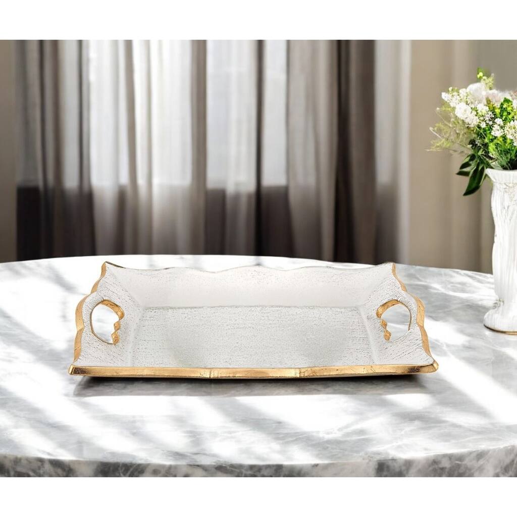 HomeRoots 11" Clear And Gold Seeded Glass Serving Tray With Handles