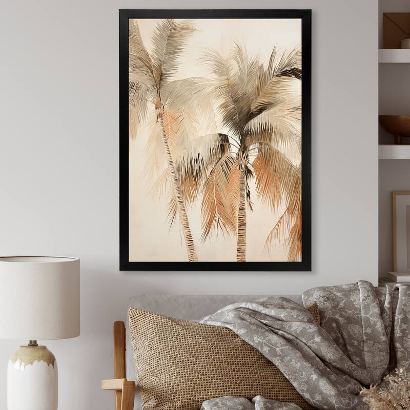 Designart "Minimalism Vintage Tropical Tranquility Palm Trees II" Palms & Palm Trees Framed Wall Art Prints - 30 in. wide x 40 in. high - Black