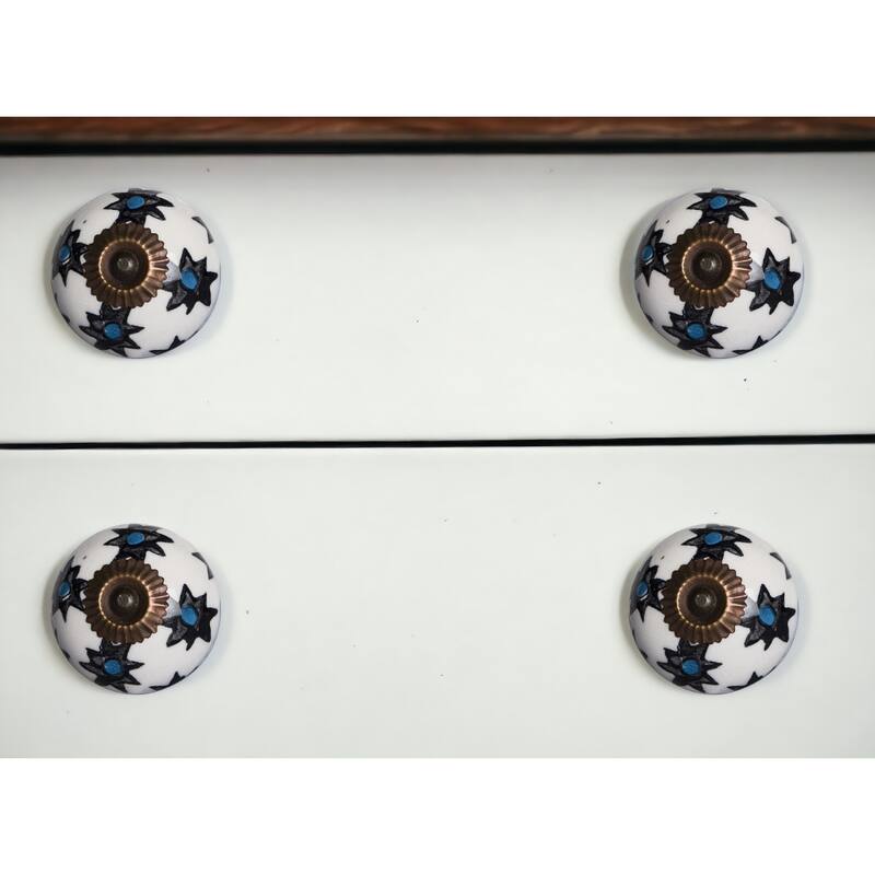 Set of 8 Hand-Painted Ceramic & Metal Drawer Knobs – Black & White Traditional Round Design - 1.5" H x 1.5" W x 1.5" D