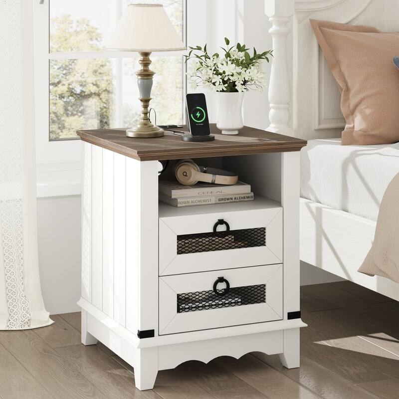 End Table Side Table with Charging Station and 2 Drawers