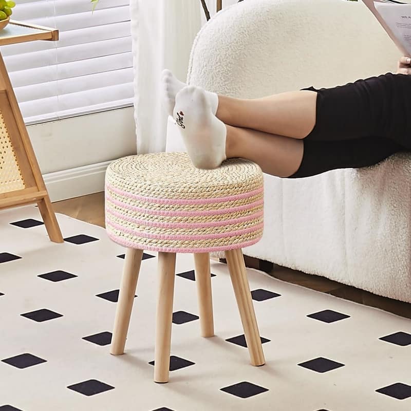 Footstool Ottoman Round with Solid Wood Legs