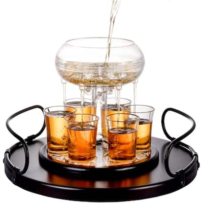 Shot Glass Dispenser with 6 Glasses - Wood Tray