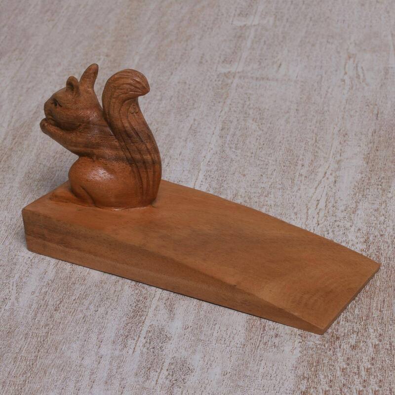 Novica Handmade Helpful Squirrel In Brown Wood Doorstop