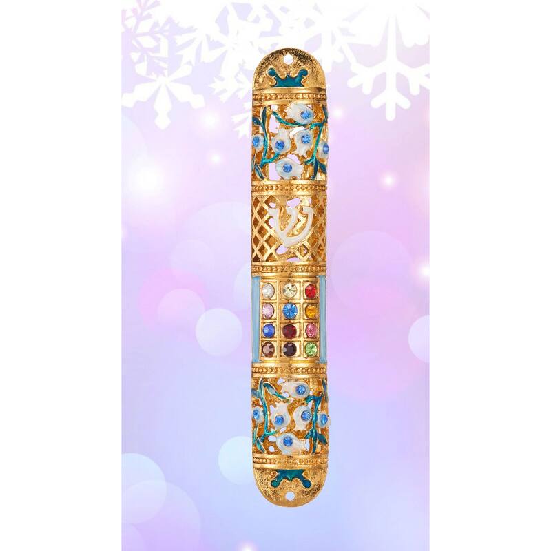Matashi Hand Painted 6" Enamel Mezuzah Embellished with Multi Colored Crystals with Gold Accents and High Quality Crystals