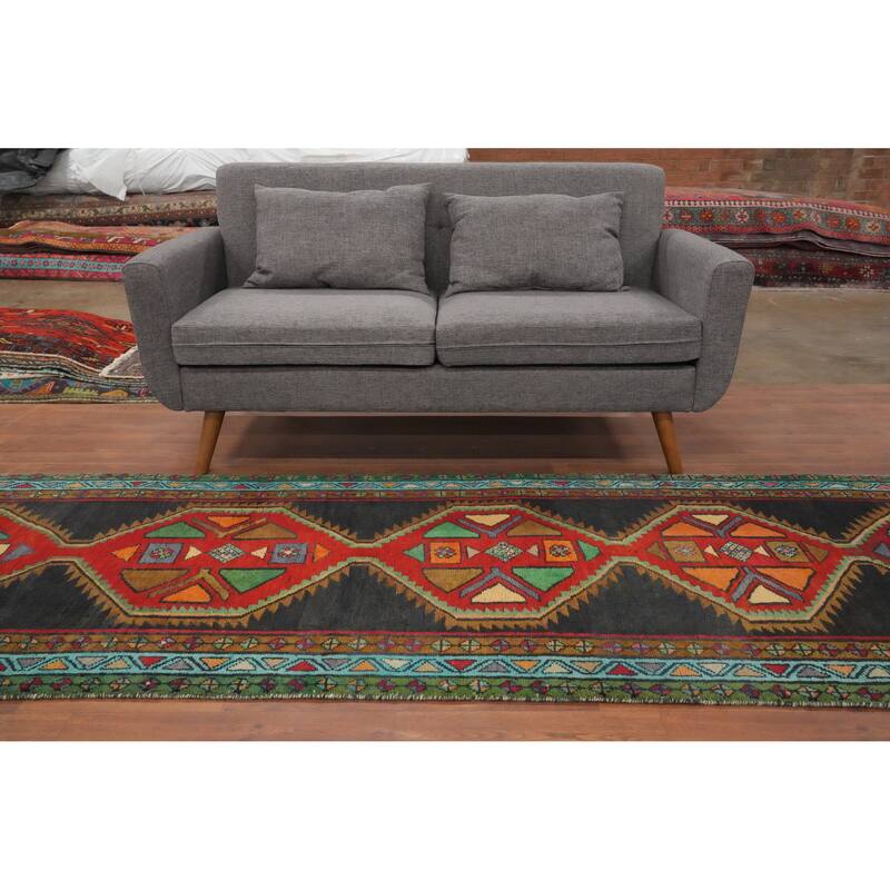 Hand Knotted Oriental 100% Wool Carpet Traditional Geometric Greys & Charcoal Ardebil Runner Rug - 12' 2'' X 3' 4''