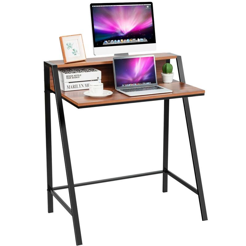 Costway 2 Tier Computer Desk PC Laptop Table Study Writing Home Office - Brown - Medium