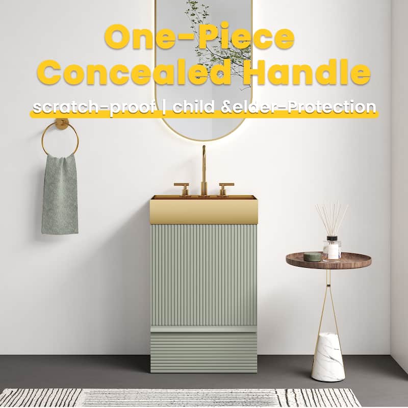 20" Striped Bathroom Vanity with Integrated Brushed Gold Stainless Steel Bathroom Sink, One-Piece Metal Basin without Faucet - Light Green - 20 Inch