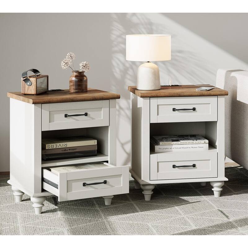 Farmhouse Nightstand Bedside Table, Wood 2-Drawer Side Table - Off White - 4-drawer