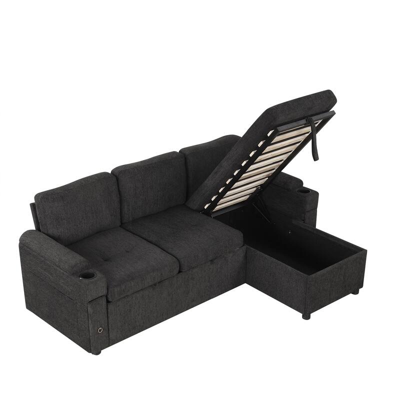 L-Shaped Convertible Sofa Bed with Reversible Chaise Lounge, Chenille Fabric Sectional Sofa with 2 Cup Holders & 2 USB Ports