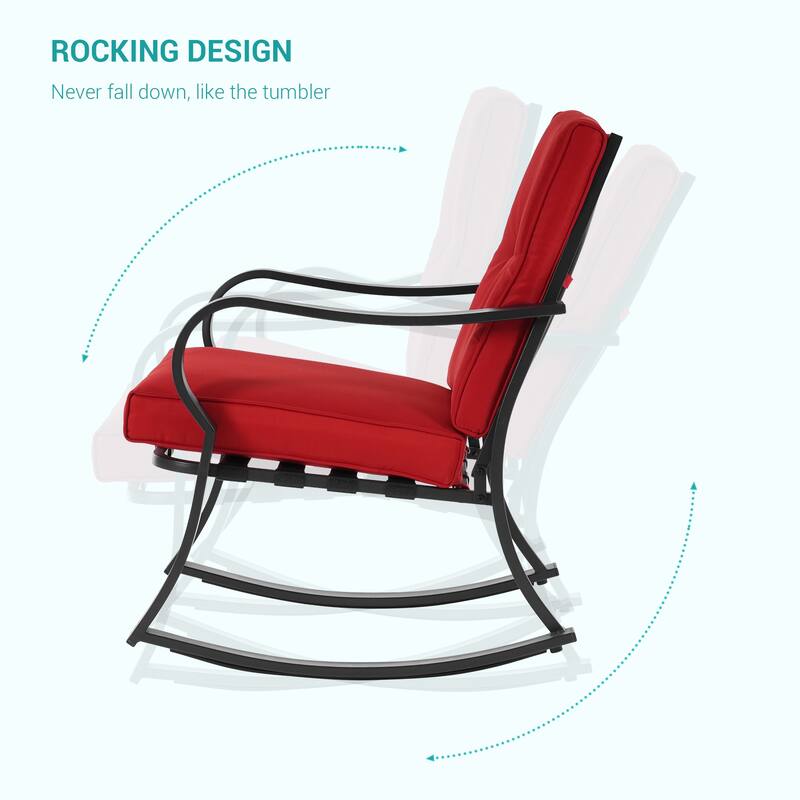Bonosuki 3 Pieces Patio Bistro Set, Outdoor Funiture Set with 2 Rocking Chairs, Tempered Glass Top Coffee Table and Cushion