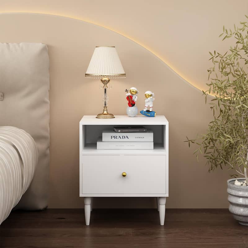 Modern Nightstand with Drawer and Open Shelf, Bedside Table with Gold Knob, Solid Wood Legs, Small End Table for Bedroom