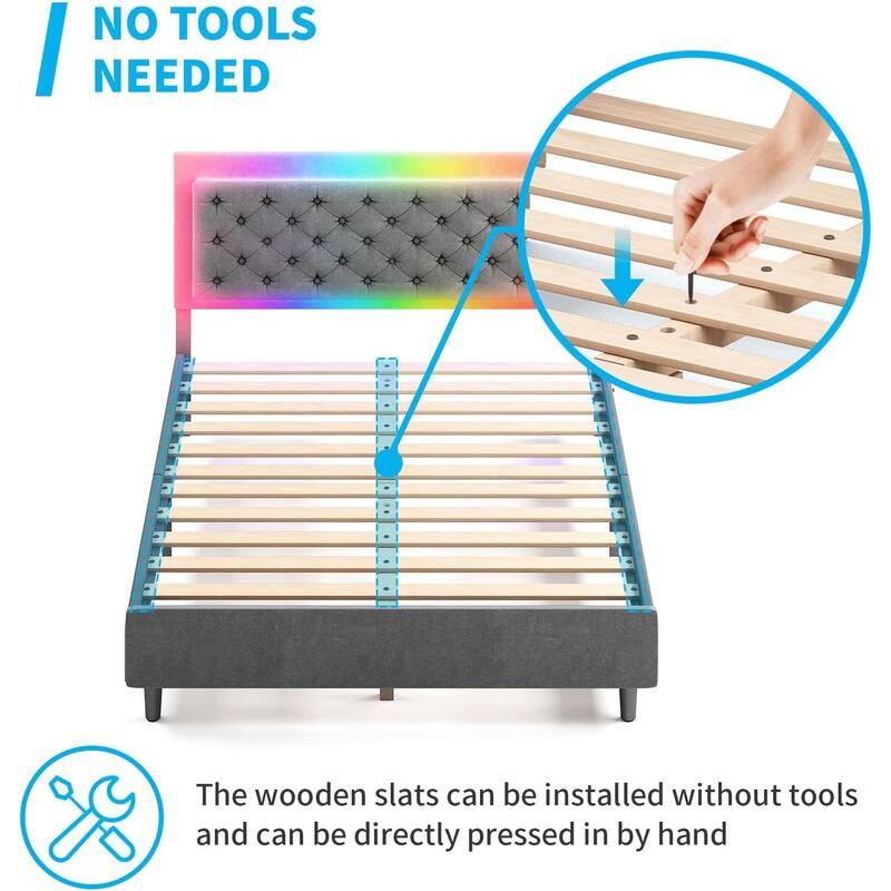 Mixoy Velveteen RGB LED Bed Frame with Button Tufted Adjustable Headboard