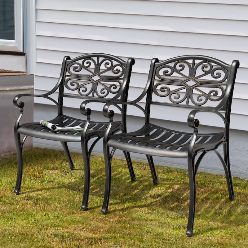 Patio Cast Aluminum Dining Chairs of 2, Bistro Chairs with Armrests