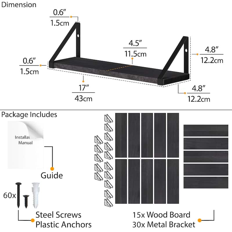 Wallniture Ponza 17"x4.5" Wood Shelves for Farmhouse Decor, Wall Bookshelves, Decorative Shelf, Custom Finish and Piece Options