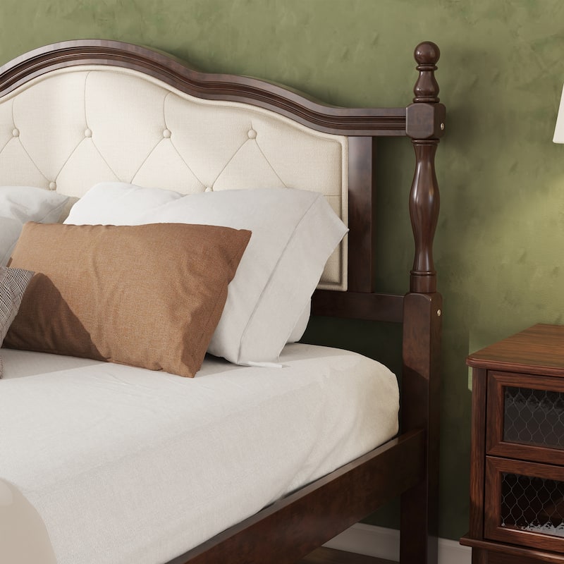 Classic Platform Bed Wooden Frame Queen Size Bed with Upholstered Tufted Headboard, Panel Footboard and Central Support Feet