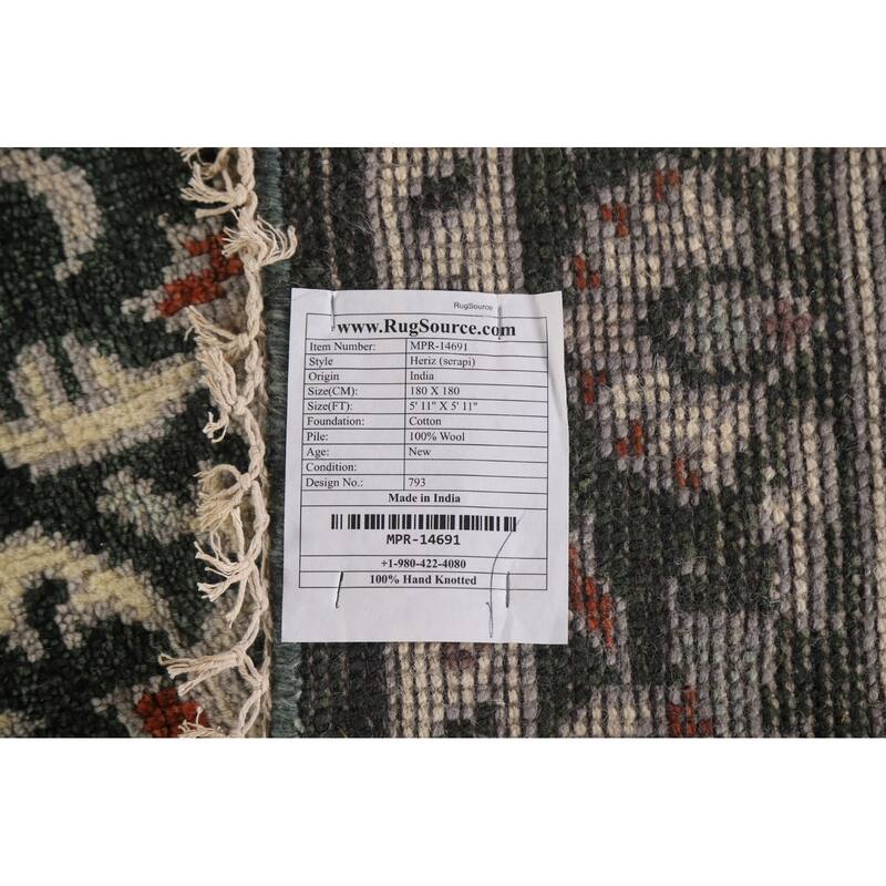 Green Heriz Serapi Indian Octagon Rug Hand-Knotted Wool Carpet - 5'11"x 5'11"