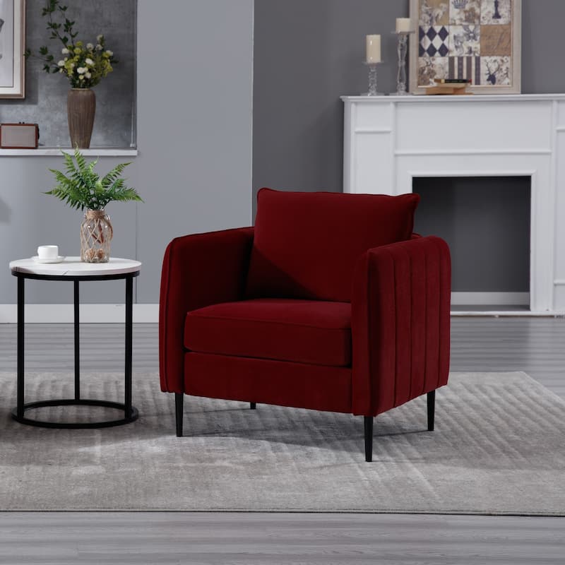 Accent Chair for Living Room, Velvet Comfy Single Sofa Chair Mid-Century Modern Armchair with 1 Pillow and Metal Legs - WINE RED