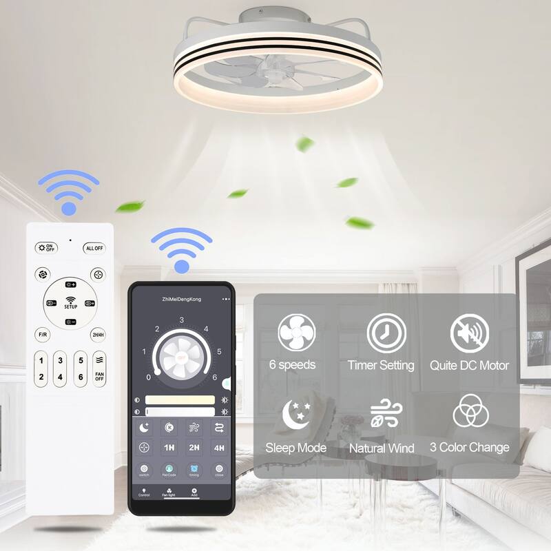 20" Oaks Aura Bladeless Smart App Remote Control Low Profile 6-Speed Ceiling Fan DC Motor Flush Mount Dimmable Lighting