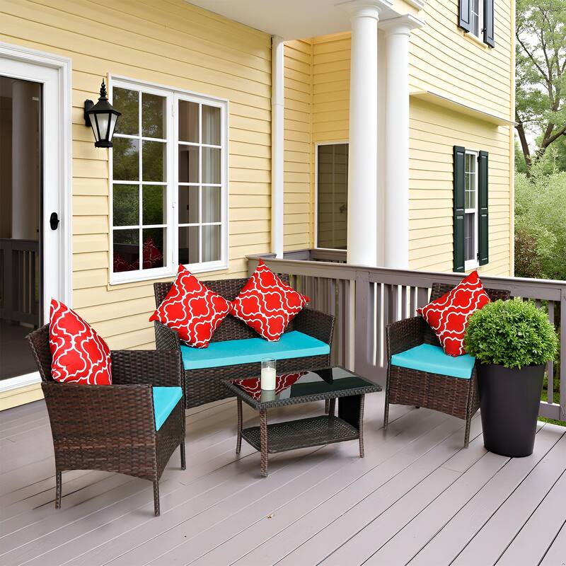4-Piece Outdoor PE Rattan Sofa Set with Glass Table - Brown+Emerald Green