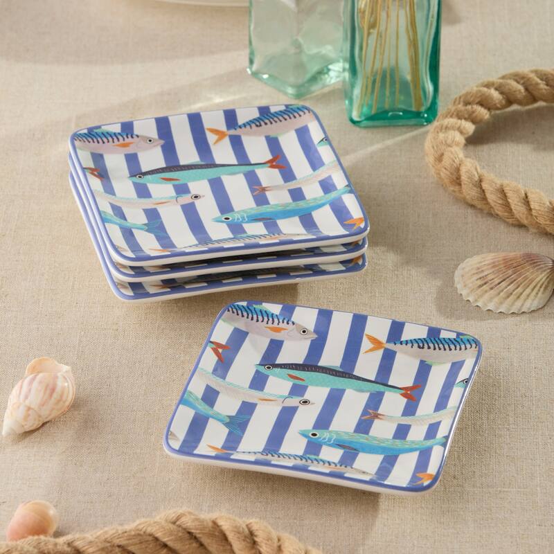 Certified International Something Fishy 6" Canape/Luncheon Plates, Set of 4 Assorted Designs - 6.00"L x 6.00"W x 0.75"H