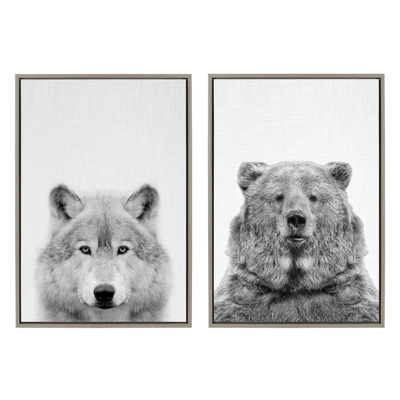 Kate and Laurel Sylvie Wolf And Bear Framed Canvas Set by Tai Prints - Gray