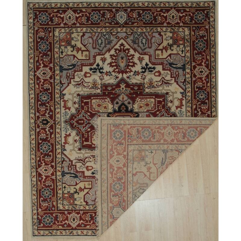 Ivory Hand Knotted Wool Traditional Heriz Weave Rug, 8' x 10', Soft Luxurious Accent Rug - L