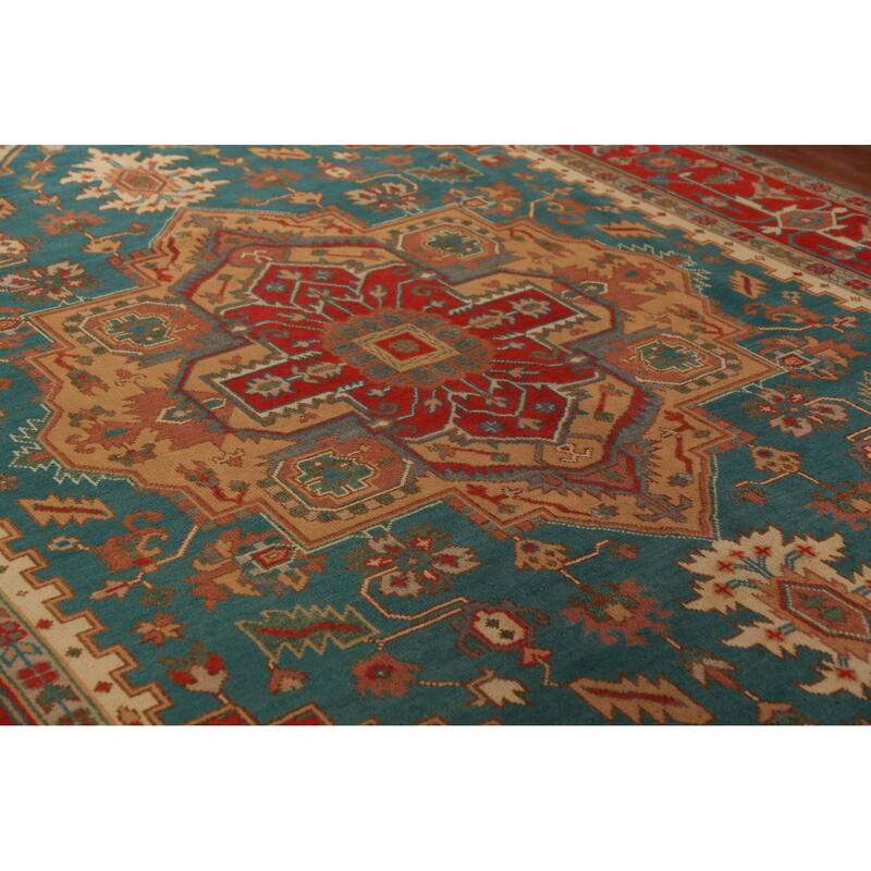 Green Medallion Oushak Indian Large Rug Hand-Knotted Wool Carpet - 9'7"x 13'9"