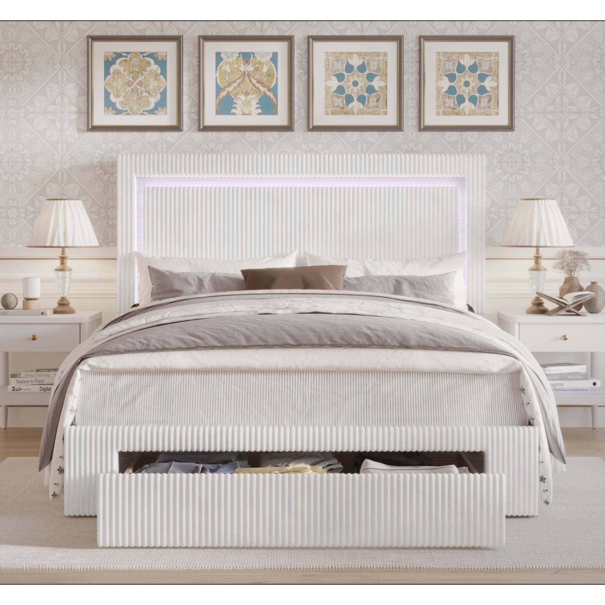 CraftPorch Corduroy Velvet Tufted LED Light Platform Storage Bed