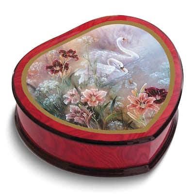 Curata Artist Lena Liu - Handcrafted Gloss Finish Heart Shape Swan Daylilies (Plays Swan Lake) Wooden Music Box Velvet Lining