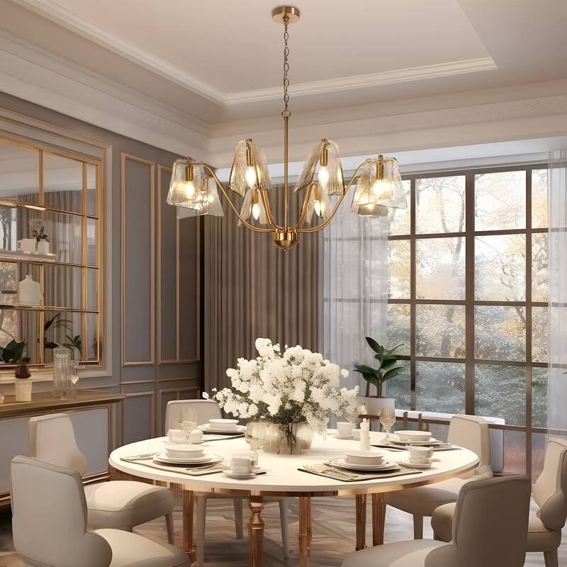 Modern Gold 8-Light Wheel Chandelier Smoky Grey Glass Lights for Dining Room Bedroom - 35.4" Dia. x 21.2" H