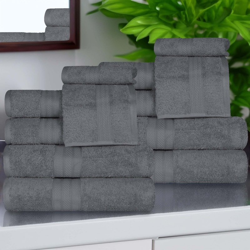 Superior Atlas Cotton Plush Absorbent Heavyweight 12 Piece Towel Set - Grey