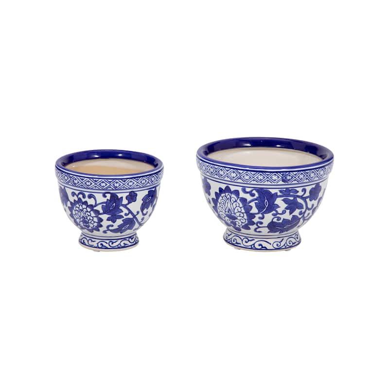 Decorative Stoneware Planters with Timeless Garden Design (Set of 2)