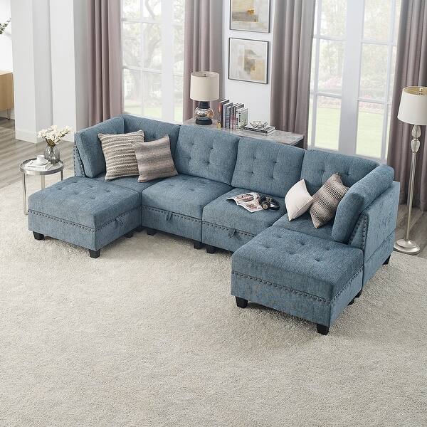 Navy Chenille Copper NailDetailed 6Piece UShape Modular Sectional