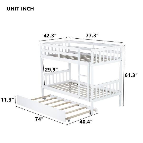 Twin Over Twin Rubber Wood Bunk Bed with Trundle, White