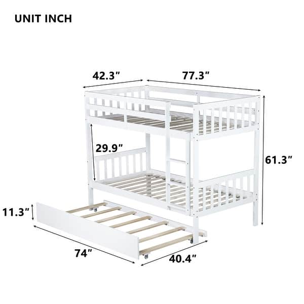 dimension image slide 0 of 4, Twin over Twin Rubber Wood Bunk Bed with Trundle, Ladder and Safety Guardrails